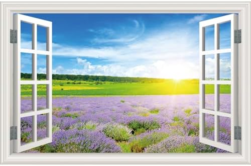 Fake Window Wall Decal- Summer Grassland Lavender Flower Open Wall Sticker | Faux Window Natural Scenery Landscape Mural｜Stick and Peel Wall Decals｜for Home Room Bedroom Office Scene Decor｜24"x16" by Clickhere