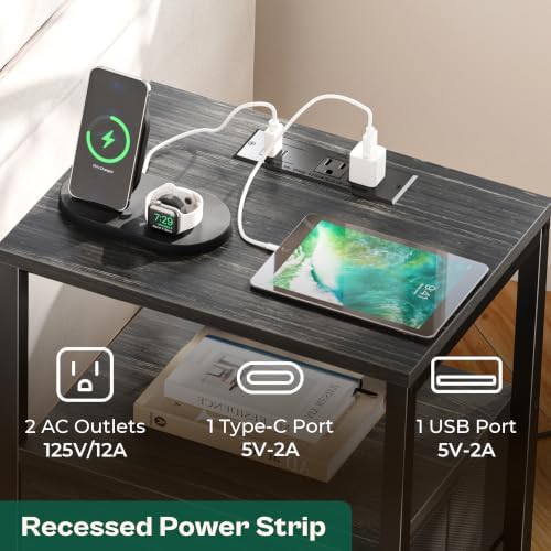Huuger Nightstand with Charging Station, Side Table with Fabric Drawers - Image 3