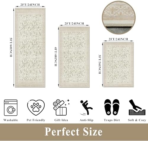 Kitchen Rug Sets 3 Piece, Washable Non-Slip Farmhouse Kitchen Mats for Hardwood Floor, Rustic Floral Boho Runner Rug for Sink,Entryway & Hallway & Bathroom (Beige/Floral,2x3-2x4-2x5) - Image 2