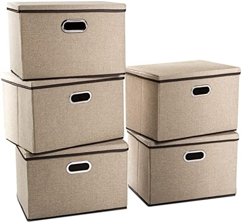 PRANDOM Large Collapsible Storage Baskets with Lids [5-Pack] Jute Fabric Foldable Storage Bins Boxes Organizer Containers Cube with Cover for Home Bedroom Closet Office Nursery (17.7x11.8x11.8) by Prandom