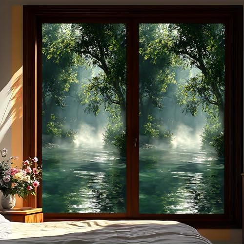 Decorative Scenic Frosted Window Film, Stained Glass Style Privacy Film, UV-Resistant Static Cling Film Suitable for Bathroom and Kitchen Glass (Fog, 17.51x39.37 inches) by KKYEJLQYI