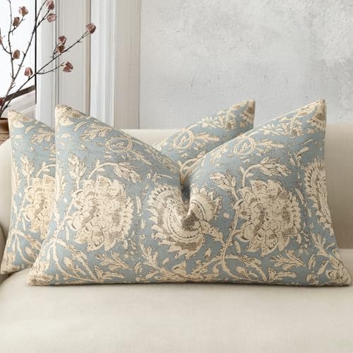 Vintage Floral Print Throw Pillow Covers 12x20 Set of 2 Neutral Modern Farmhouse Pillowcases Accent Decorative Cushion Covers Boho Home Decor for Couch Sofa Chair Bed Living Room, Sky Blue by DKwizme