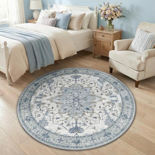 RELEANY Washable Area Rug, Round 4ft, Blue/White/Gray by RELEANY