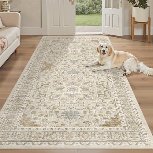 Madane 4x8 Wide Hallway Runner Rug Washable for Living Room, Beige/Blue by Madane