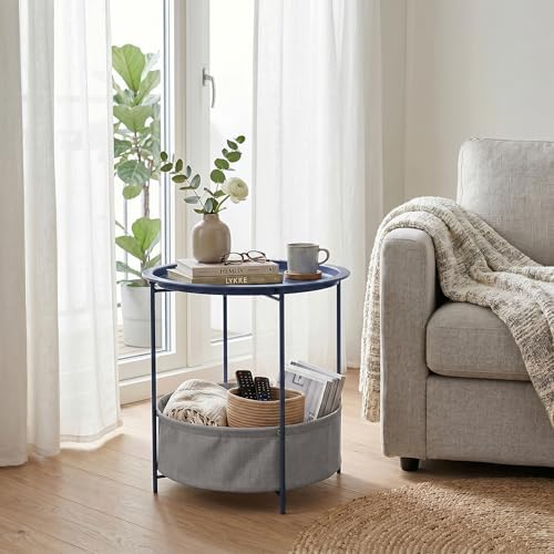 VECELO Round Side/End Table with Fabric Storage Basket，Metal Anti-Rust and Waterproof Small Bedside Nightstand with Removable Tray Top for Living Room，Balcony & Laundry，Blue /1pcs with Basket - Image 6