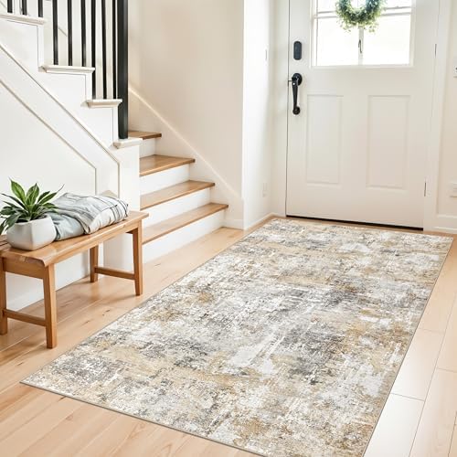4x6 Washable Entryway Rug – Non-Slip Low-Pile Small Area Rug for Kitchen Bedroom Living Room Office – Modern Abstract Neutral Throw Carpet with Rubber Backing (Gold Grey) by ZHXXUJ