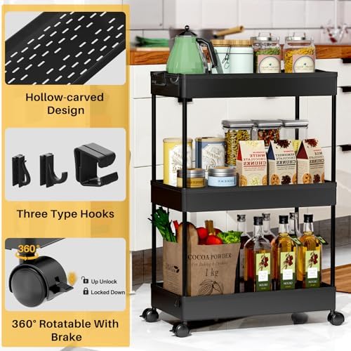 SPACEKEEPER 3 Tier Rolling Cart, Bathroom Cart Organizer with Wheels, Black - Image 2