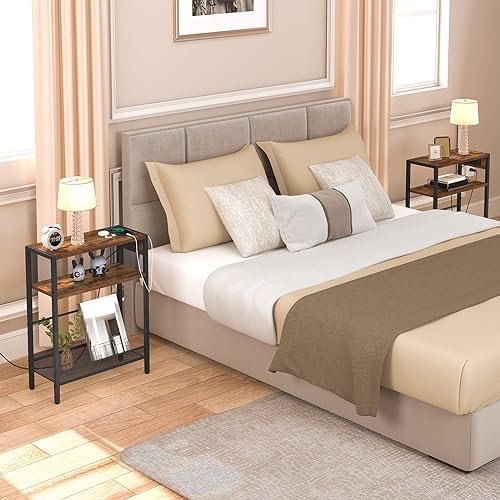 HOOBRO Small Narrow Side Table with Charging Station Set of 2, Skinny End Table for Small Spaces, Slim Nightstand with USB Ports Outlet, Sofa Beside Table with Storage Shelf BF102UBZP201 - Image 2