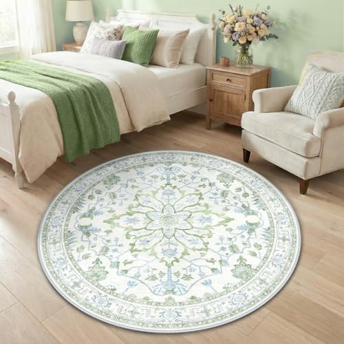 RELEANY Washable Area Rug, Round 4ft, Green/White/Blue by RELEANY