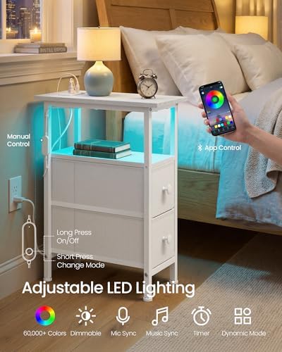 SONGMICS Side Table with LED Light, Narrow End Table with 2 Fabric Drawers - Image 6