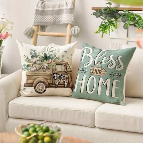 AVOIN colorlife Bless Our Home Farmhouse Eucalyptus Leaves Throw Pillow Covers, 20 x 20 Inch Blue Truck Home Sweet Cushion Case Decorations Set of 4 - Image 5