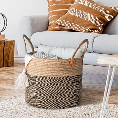 CHICVITA Wicker Storage Basket with Leather Handles, 14" x 12", Black - Image 3