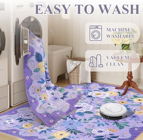 DUKINO 2x3 Entryway Rug, Floral Door Mat Soft Washable Rug Non Slip, Purple - Image 6
