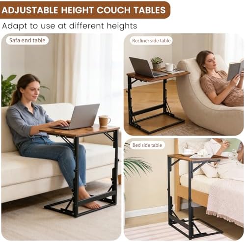 Folding Side Table, Adjustable C-Shaped End Table for Couch, Metal Frame TV Tray Table for Sofa Living Bedroom Bedside Coffee Small Spaces (Brown, 23.6" L x 15.8" W) - Image 5