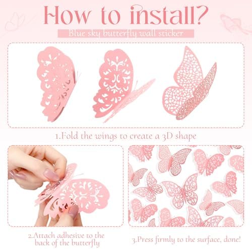 Bememo 72 Pcs 3D Butterfly Wall Decals, 3 Sizes,Light Pink | Metallic Hollow Design for Bedroom Living Room, Removable Adhesive Wall Decor, Easy Peel Stick Party Decoration Stickers - Image 4