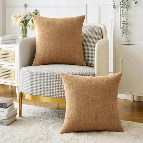 MIULEE Chenille Fall Throw Pillow Covers Apricot Brown 18x18 Pack of 2 - Image 2