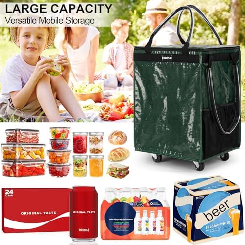 (Medium,Green) Reusable Grocery Bag on Wheels, Foldable Rolling Tote, Carries Up to 66 lbs Shopping Trolley, Zipper Clouser Shopping Carts for Trips, Laundry, 4 Heavy Duty Wheels and 3 Handles - Image 5