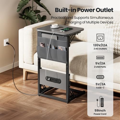HLDIRECT C Shaped End Table with Charging Station & Storage Bag Gray - Image 4