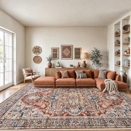 AMADA HOMEFURNISHING 8x10 Washable Area Rug, Low-Profile Large Area Rug with Non-Slip Backing & Durable Edge Binding, Vintage Large Rugs for Living Room, Bedroom, Dinning Room by AMADAHOMEFURNISHING