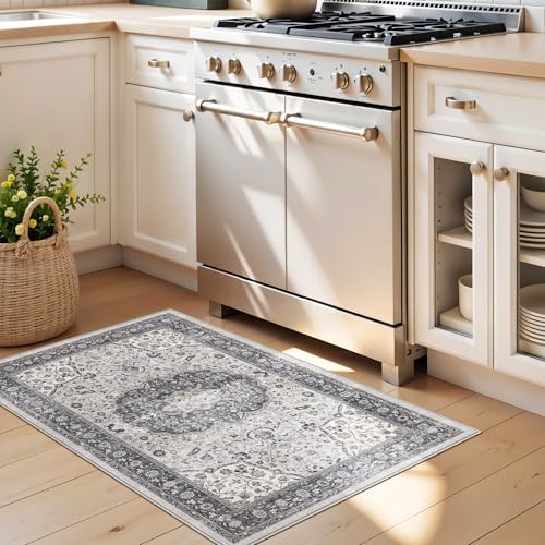 Washable 2x3 Entryway Area Rug: Vintage Soft Thin Door Mat with Non Slip Backing Water Resistant Carpet for Bedroom Low Pile Floor Mat for Kitchen Bathroom Laundry Easy Clean Rug for Family(2x3,Grey) - Image 4
