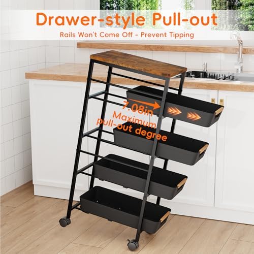 5-Tier Kitchen Storage Cart, Wood Top Rolling Cart Organizer with Pull-Out Baskets & Wheels, Metal Snack Cart with Holder for Fruit, Vegetable, Microwave, Kitchen, Pantry, Black - Image 3