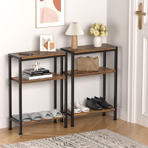 Narrow Side Table set of 2 for Small Space, 3 Tier Slim End Table, Thin Nightstand, Skinny Snack Couch Table, Sofa bedside Table in Living Room, Bedroom, Study, kitchen and Balcony (Rustic Brown) - Image 6