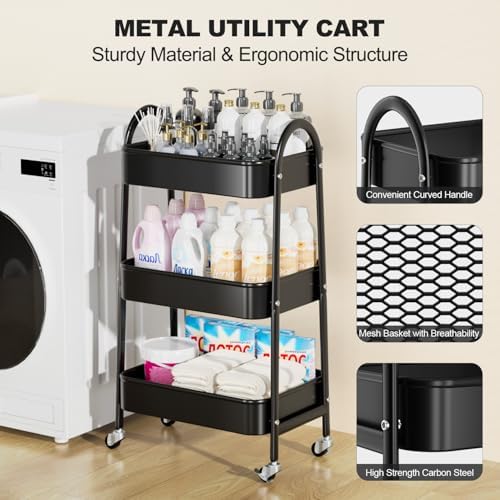 EAGMAK 3 Tier Rolling Cart, Large Metal Storage Cart with Handle and Lockable Wheels, Big Multifunctional Storage Organizer Trolley with Mesh Baskets for Kitchen, Living Room, Office, Garage (Black) - Image 3