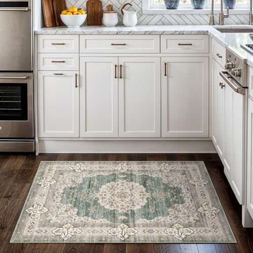 2x3 Area Rug Washable Vintage: Non Slip Door Mat for Entryway Green/Beige by Ksrau