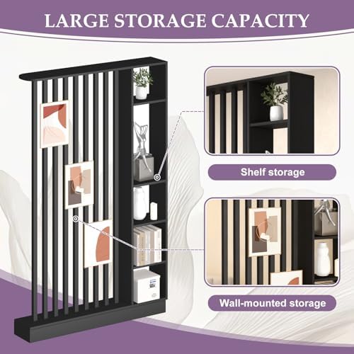 Freestanding Wall Room Divider with Shelves, Black, 39.4x9.4x78.7in - Image 3