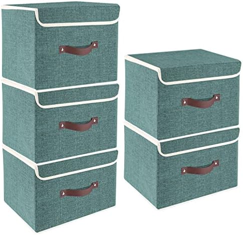 TYEERS Foldable Storage Boxes with Lids 5 Pack Fabric Storage Bins with Lids, Closet Organizers for Clothes Storage, Room Organization, Office Storage, Toys - Aqua Deep by StorageOrganization