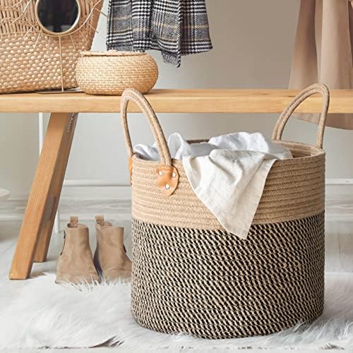 CHICVITA Wicker Storage Basket with Leather Handles, 14" x 12", Black - Image 2