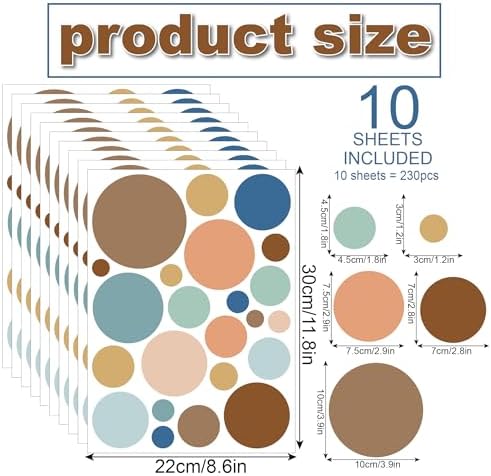 230 PCS Boho Polka Dot in Neutral Earth Tones & Blue Accents Wall Decals | 10 sheets removable waterproof peel & stick circle wall stickers for nursery, kids room, bedroom, playroom & home decor - Image 2