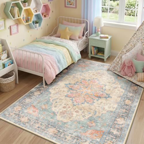 RELEANY Washable Area Rug, 6'x9', Blue/Orange/Red - Image 3
