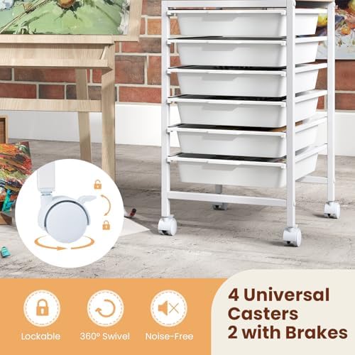 Giantex Rolling Storage Cart with 6 Drawers, Utility Cart w/Wooden Tabletop, Lockable Wheels, Multipurpose Organizer for Art Craft Books Paper, Drawer Carts for Dorm Classroom Office, White - Image 6
