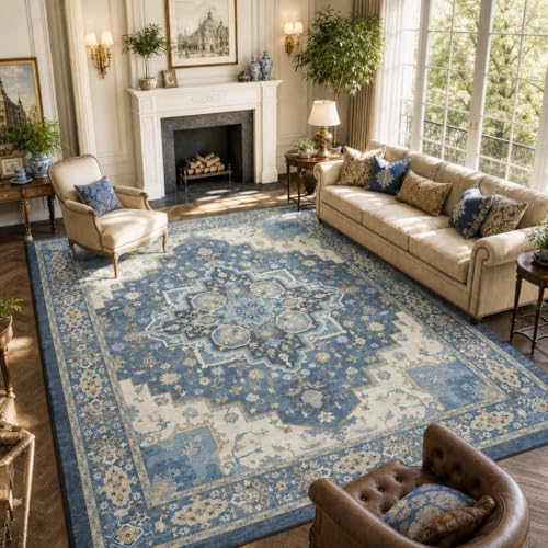 AMADA HOMEFURNISHING 9x12 Area Rug for Living Room, Vintage Washable Area Rug Low-Pile & Non-Slip Carpet for Bedroom Dining Room Nursery Home Office, Navy Blue/Beige by AMADAHOMEFURNISHING