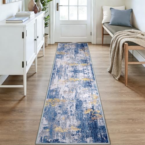 RELEANY Washable Runner 2'x9' Abstract Area Rug for Hallway Blue Gold - Image 2