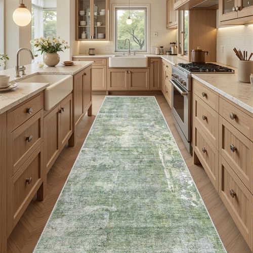 Soalmost Runner Rug 2'6"x8' Kitchen Hallway Runners Abstract Green/Ivory - Image 2