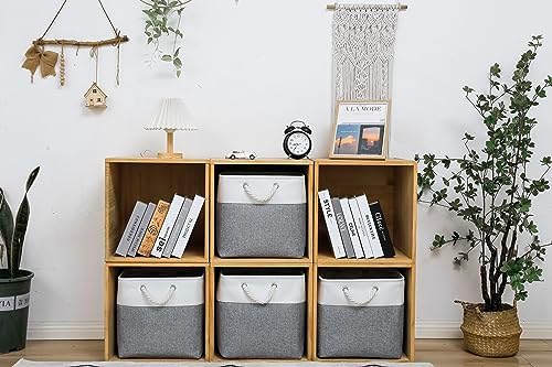 MidmmVick 13 x 13 Inch Cube Storage Bins, 4 Pack Large Collapsible Fabric Storage Bin with Ropes, Foldable Storage Cubes for Home, Office,Closet, Clothes, Toys Organizer (White & Grey) - Image 2
