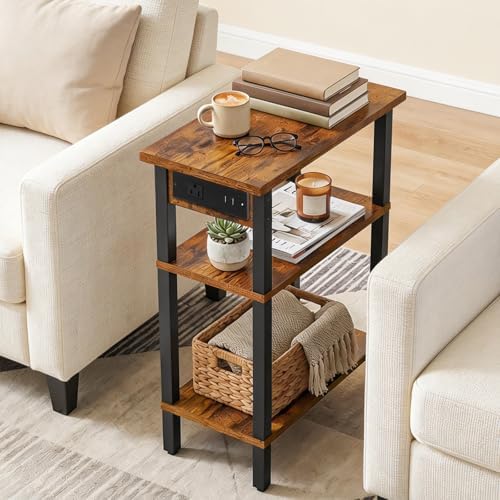 HOOBRO Narrow Side Table, 3-Tier Slim End Table with Charging Station, Skinny Nightstand with Open Storage, for Small Spaces, Living Room, Bedroom, Study, Rustic Brown and Black BF340UBZ01 - Image 5