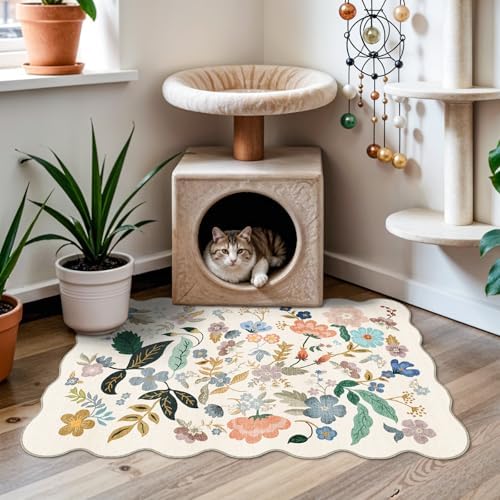 Washable 2x3 Entryway Scalloped Rug: Floral Thin Door Mat Non Slip Water Resistant Kitchen Bathroom Area Rug Indoor Ultra Soft Carpet for Laundry Nursery Living Room Bedroom Soft Floor Mat (2x3,Cream) - Image 3
