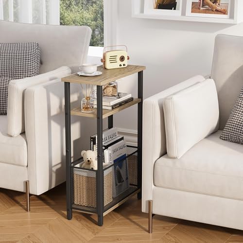 MMEOLUOOK Narrow Side Table with Storage Basket Skinny End Tables for Smalls Spaces 3 Tier Sofa Table Small Nightstand Slim Bedside Table for Living Room Bedroom Greige MLBZ22GR - Image 4