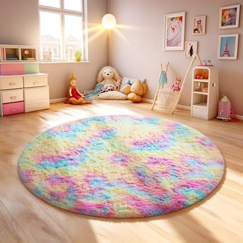 Ophanie Round Rugs 4Ft Rainbow Circle Area Rug, Colorful Unicorn Bedroom Dorm Decor for Teen Girls, Cute Fluffy Fuzzy Plush Soft Shaggy Living Room Carpet for Kids Baby Home Aesthetic Nursery Playroom by Ophanie