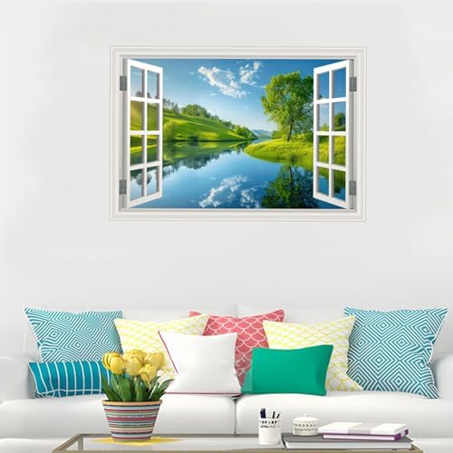 Fake Window Wall Decal- Lake Green Tree Grassland Open Wall Art Sticker | Faux Window Natural Scenery Landscape Mural｜ Stick and Peel Wall Decals｜for Room Bedroom Office Decor｜48"x32",Set of 2 Sheets - Image 3