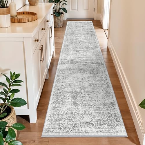 2x10 Runner Rug Non-Slip Washable Kitchen, Vintage Boho Carpet with Rubber Backing for Hallway Entryway Hall Holiday Farmhouse Neutral Cream Long Runners (Grey/Ivory,2'x10') by BYYVOORugsforYourHome