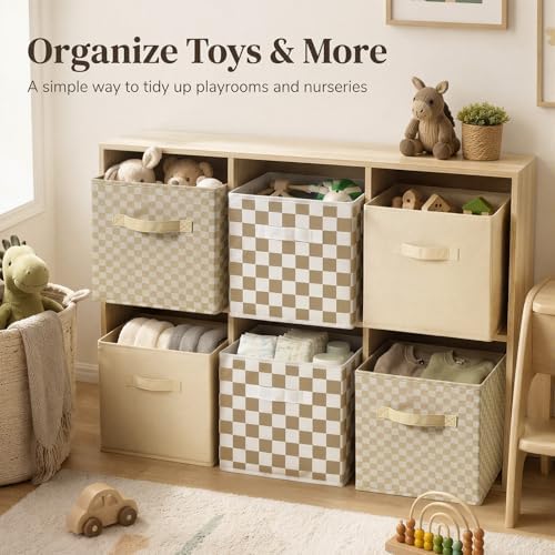 Chunful 6 Pcs 11 Inch Checkered Fabric Cube Storage Bin Brown White Plaid - Image 4