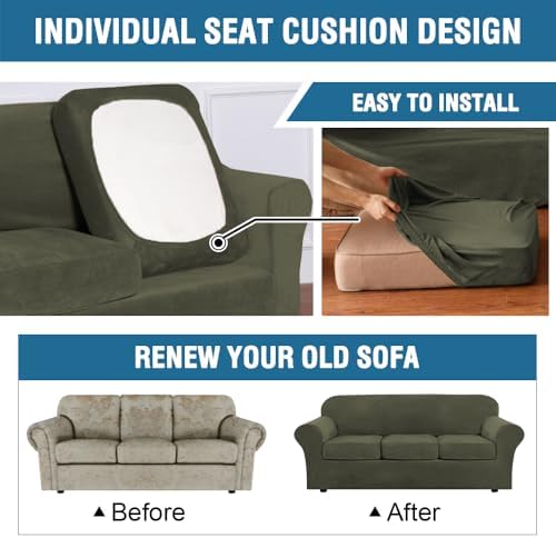 H.VERSAILTEX Real Velvet Plush 3 Piece Stretch Sofa Covers Couch Covers for 2 Cushion Couch Loveseat Covers Width Up to 72 Inch Feature Thick Soft Stay in Place (Medium Sofa, Olive) - Image 6