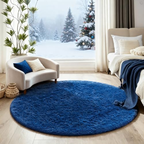 Ophanie Round Rug 4Ft Blue Circle Area Rug, Boys Room Decor, Fluffy Fuzzy Bedroom Carpet, Plush Soft Shaggy Living Room Rugs for Kids Home Decor Aesthetic, Nursery with 99 pcs Pile fibers - Image 5