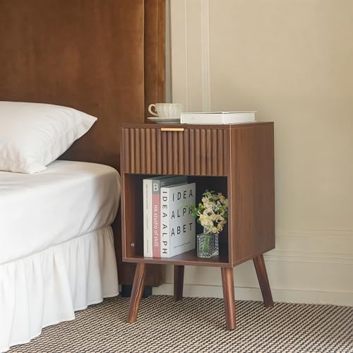 Fultyle Walnut Nightstand, Fluted Bedside Table with Drawer and Open Shelf - Image 5