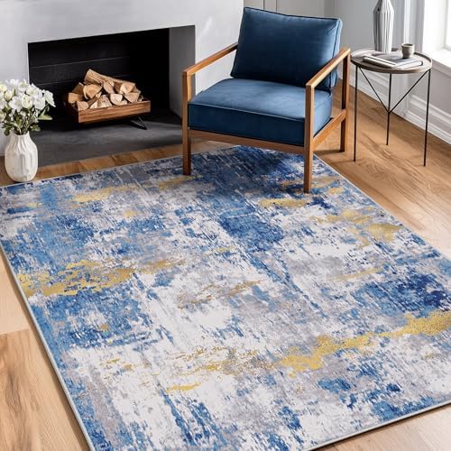 RELEANY Washable 3'x5' Abstract Area Rug for Living Room Blue Gold by RELEANY