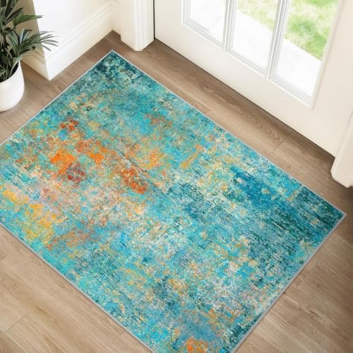 RELEANY Washable 2'x3' Abstract Area Rug for Living Room Teal Multi by RELEANY